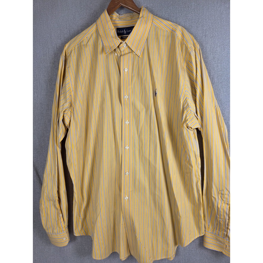 Polo Ralph Lauren Shirt Mens‎ XL Bright Yellow Blue Stripe Classic Fit Y2K Retro